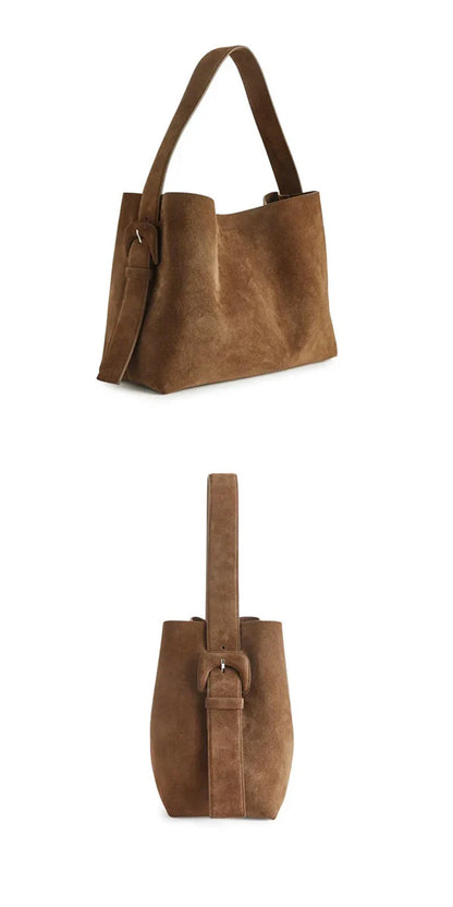 Luxury Genuine Leather Women Bags 2025 Spring Cow Suede Shoulder Bags Women Retro Gold Buckle Large Capacity Totes Lady Handbags