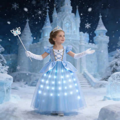 2026 Girl's Princess Cinderella Costume Classic Style Blue Ball Gown Dress Up with White Led Lights Outfit Dresses for Girls