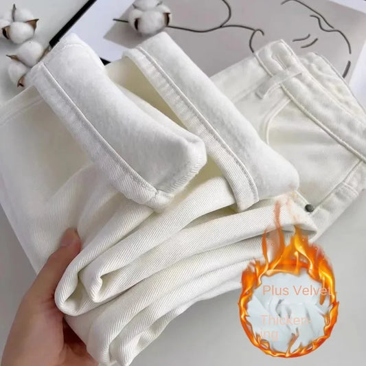 High Waist White Fleece Lined Straight Leg Jeans for Woman Y2k Pants Winter Loose Fit Wide Leg Trousers with Flowy Hem