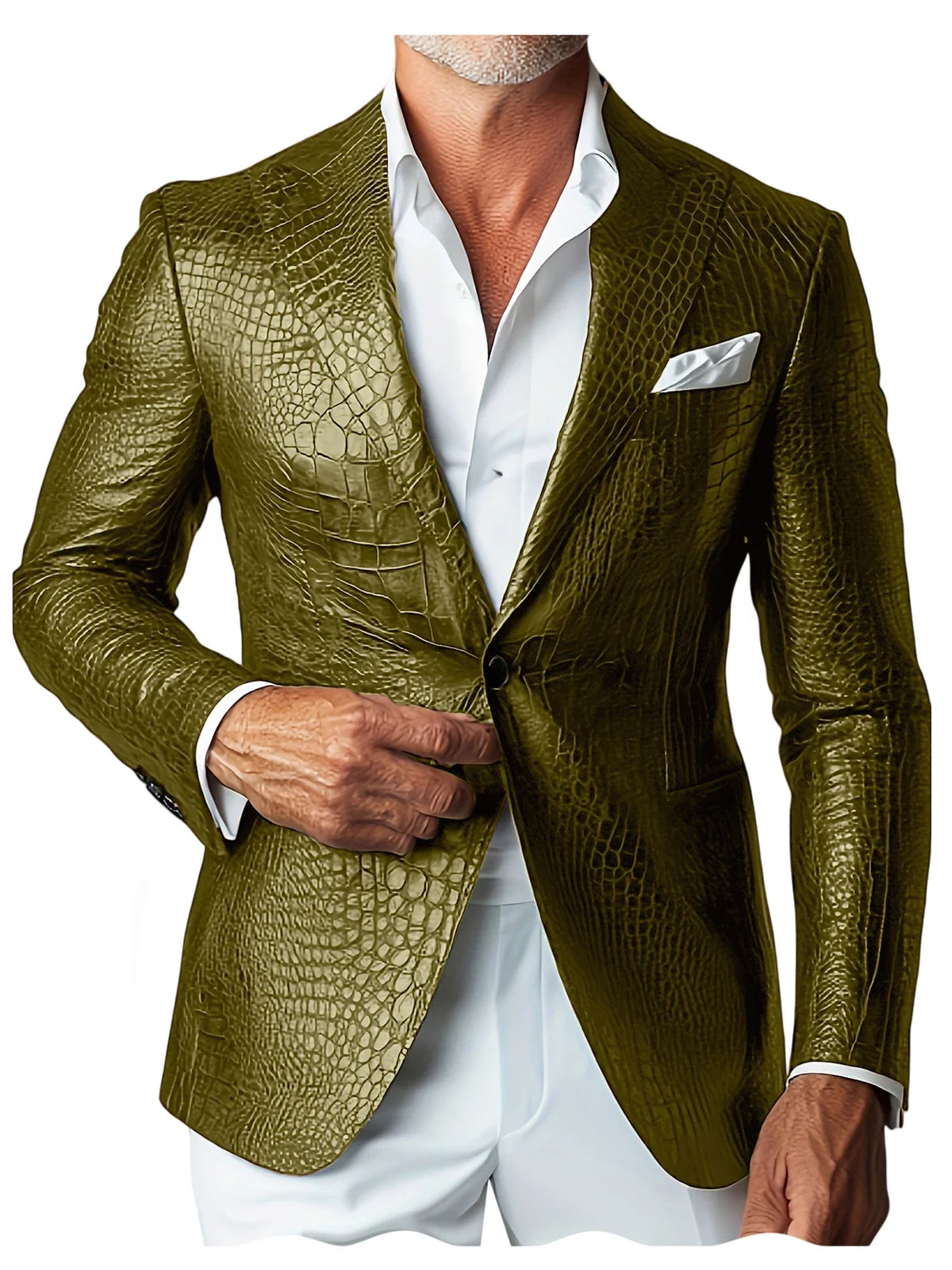 Luxury Men's Crocodile Embossed Leather Blazer Notch Lapel Suit Fit 1 Button Jacket Shiny Croc Print Formal Business Party Coat