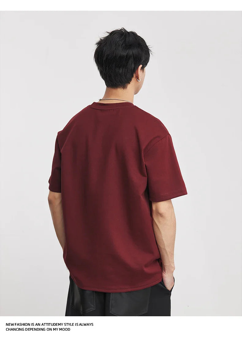 Men's Heavyweight 280g 2026 Summer New Cotton Solid Color Short Sleeve T-Shirt Crew Neck Triangle Label All-match Minimalist Tee