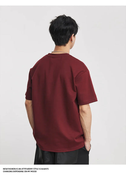 Men's Heavyweight 280g 2026 Summer New Cotton Solid Color Short Sleeve T-Shirt Crew Neck Triangle Label All-match Minimalist Tee