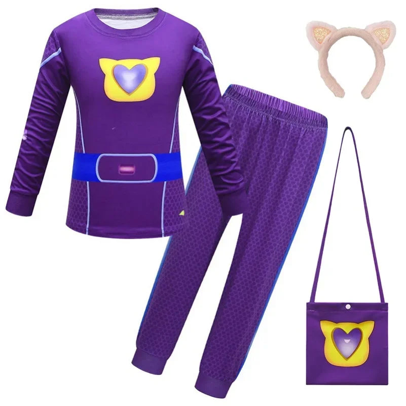 Children SuperKitties Halloween Cartoon Boys Cosplay Costume Super Kitties Buddy Girls Cos Suits Mask Bag Kids Birthday Clothing