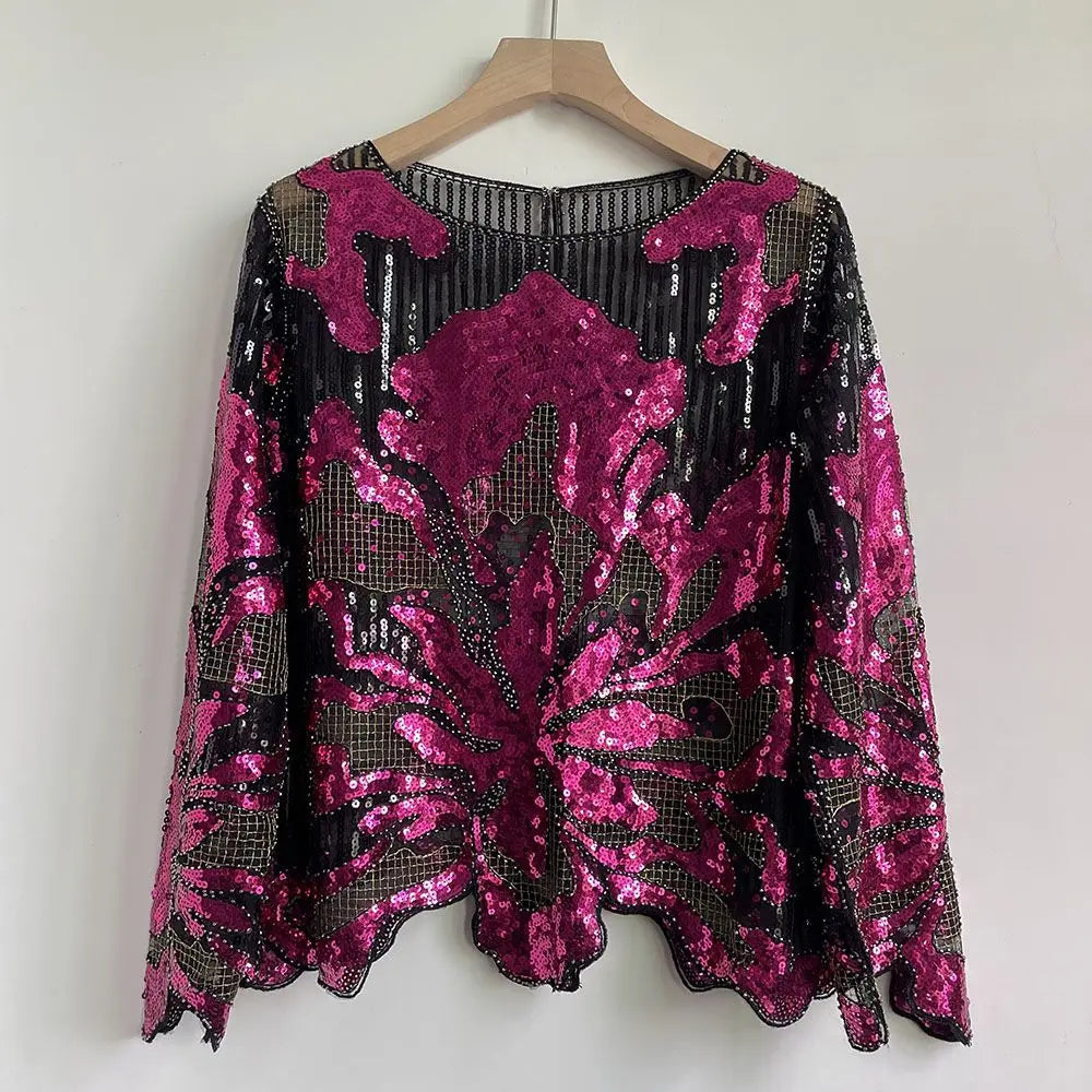 2025 Spring New Sequined Premium Outer Wear Ins Fashion Luxury Beads Long Sleeve Irregular Loose Chic T-shirt Top