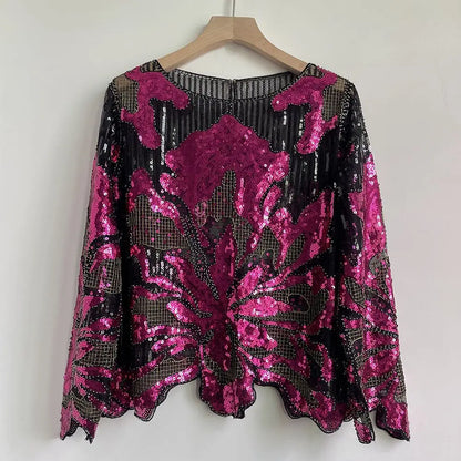 2025 Spring New Sequined Premium Outer Wear Ins Fashion Luxury Beads Long Sleeve Irregular Loose Chic T-shirt Top