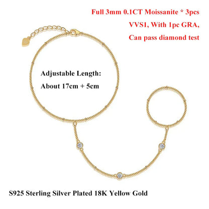Round Bezel Full 0.1CT 3mm D Color Moissanite Diamond Link Bracelet for Women 925 Silver Adjustable 17-22cm Finger Chain