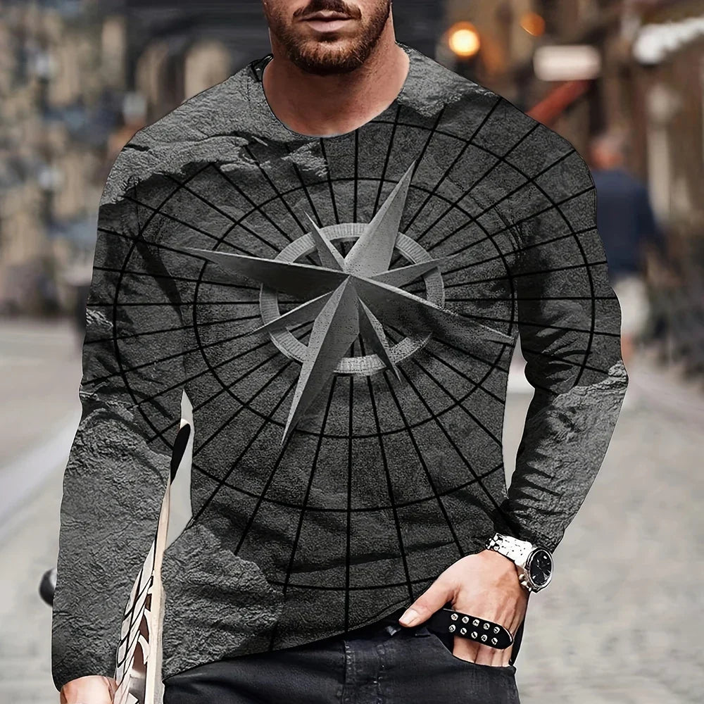 2023 Vintage Men's T Shirt Cotton Cross Pattern Long Sleeve 3D Clothing Nautical Map Print Street Harajuku Oversized