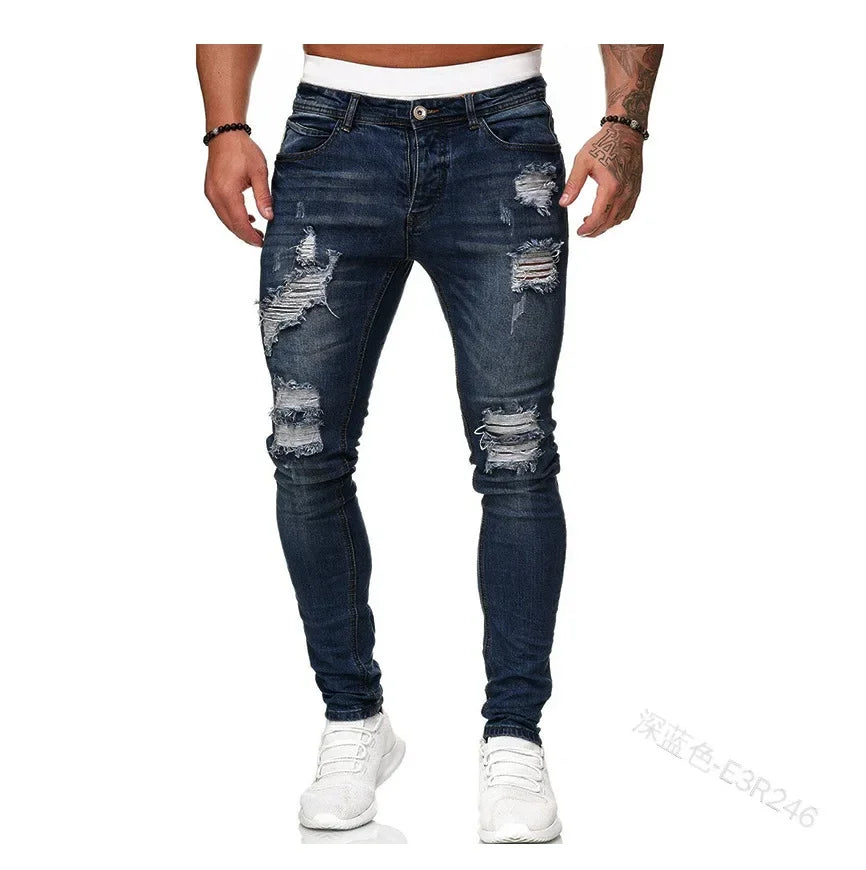 Ripped Men Jeans Denim Pant Mid Waist Slim Fit  Vintage Denim Wash Punk Style Skinny Pencil Pants Distressed Holes Ankle Length