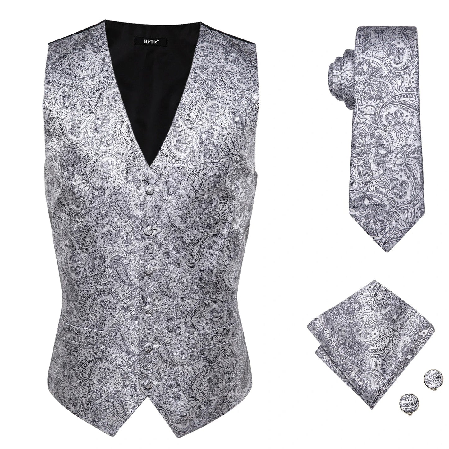 Designer Beige Champagne Ivory Khaki Mens Vest Necktie Set Jacquard Waistcoat Jacket Tie Hankerchief Cufflinks for Men Gift
