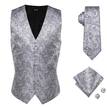 Designer Beige Champagne Ivory Khaki Mens Vest Necktie Set Jacquard Waistcoat Jacket Tie Hankerchief Cufflinks for Men Gift
