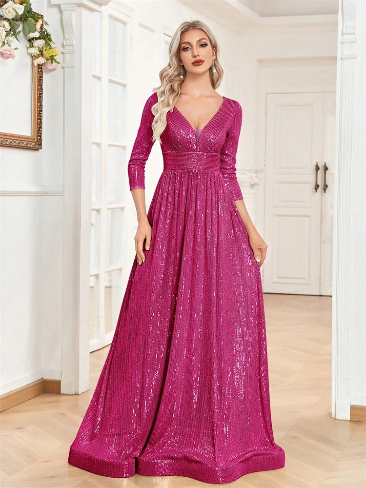 Luxury V Neck Long Sleeves Blue Sequins Formal Evening Dress Women 2025 Wedding Party Prom Maxi Cocktail Dress Gowns