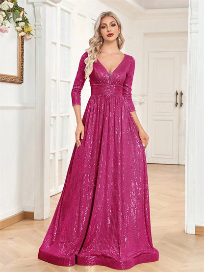 Luxury V Neck Long Sleeves Blue Sequins Formal Evening Dress Women 2025 Wedding Party Prom Maxi Cocktail Dress Gowns