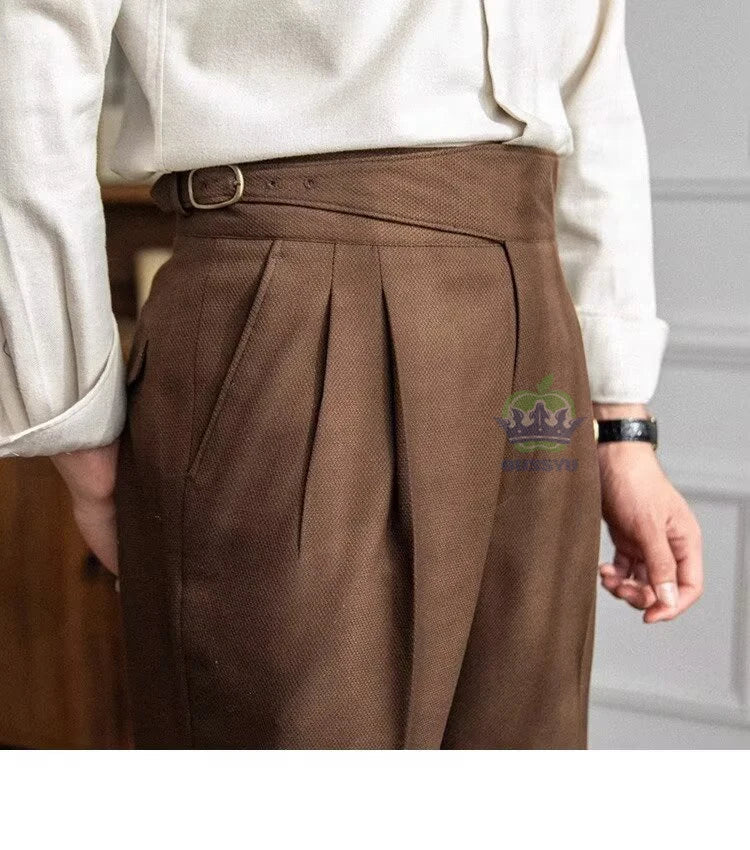 Classics Italian Naples Style White Men's Suit Pants Men High Waisted Straight Fit Work Formal British Business Brand Trousers