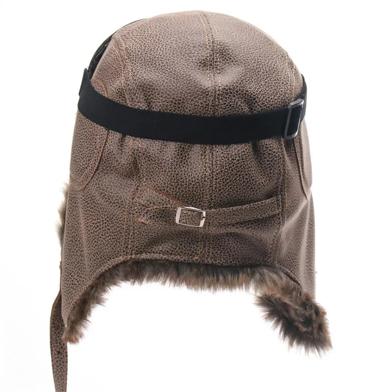 Men Winter Bomber Hat With Goggles Outdoor Motorcycle Windproof Warm Faux Fur Pilot Earflap Hat Leather Thermal Ushanka