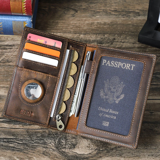 Portefeuille Passeport en Cuir Véritable Porte-Cartes Monnaie avec Emplacement AirTag Portefeuille de Voyage Hommes Porte-Monnaie Femmes Housse de Passeport