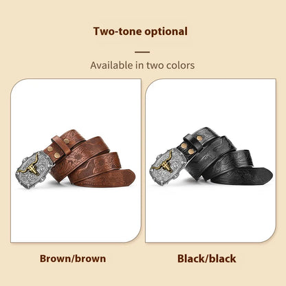 Western Cowboy PU Leather Belt - Men Waist Strap Bull Decoration Floral Engraved for Jeans