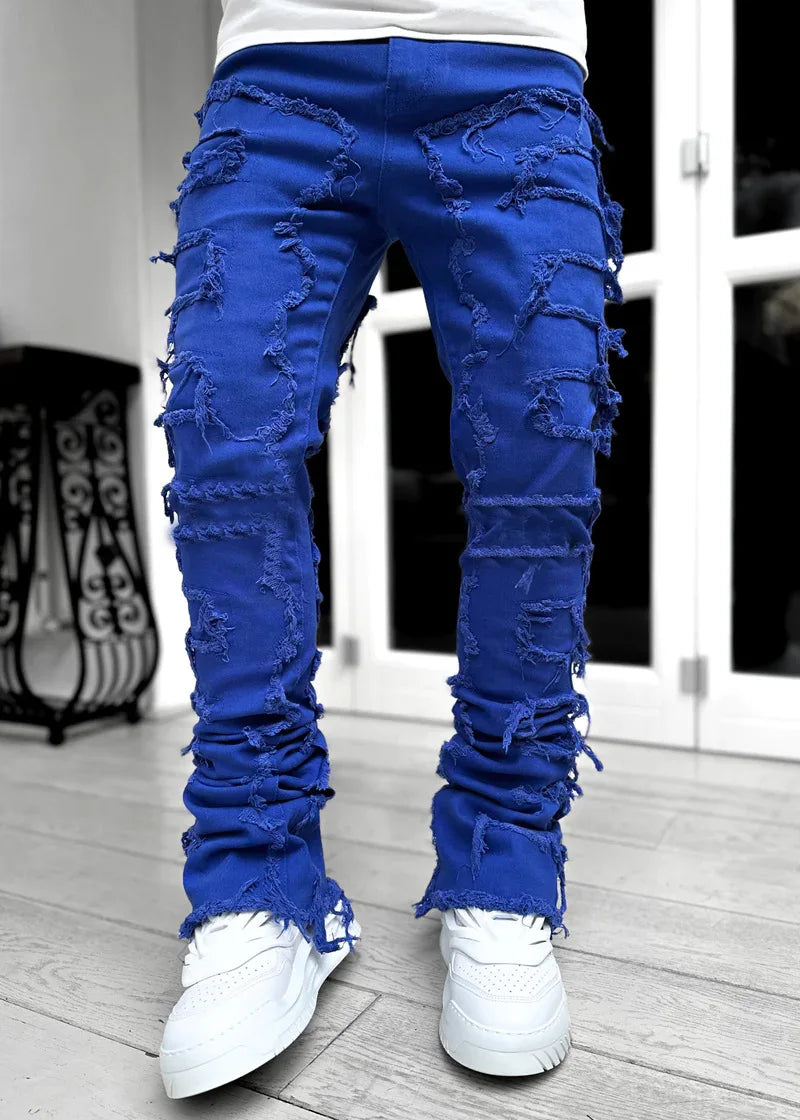 New European and American Heavyweight Streetwise Stretch Patch Jeans for Men, High Street Straight Fit Long Jeans16-3001