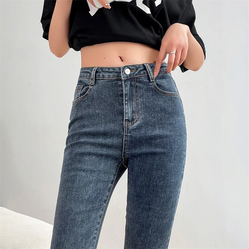 Women Fashion Flare Jeans Winter Streetwear Y2K Straight Pants Ankle Length Denim Jeans Girls Party Casual Retro Blue Trousers