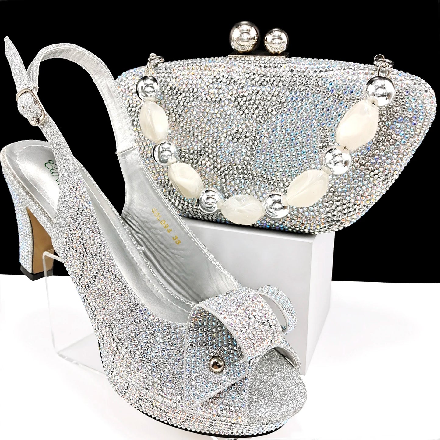 Italian Design Hard Bag & Open Toe High Heels Set Fuchsia Color Blocking Hot Rhinestones Fashion Sexy Women High Heels