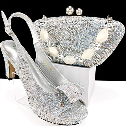 Italian Design Hard Bag & Open Toe High Heels Set Fuchsia Color Blocking Hot Rhinestones Fashion Sexy Women High Heels