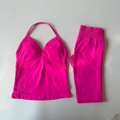 2 Pieces Set Yoga Leggings Set Women Backless Tank Tops High Waist Scrunch Gym Suit Fitness Clothes Outfit Yoga Set