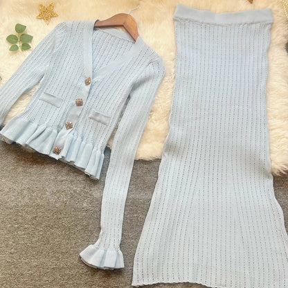 Brand Fashion One-piece Knitted Maxi Dress Women Elegant V-neck Ruffled Slim Waist Bodycon Sweater Dress Party Vestido