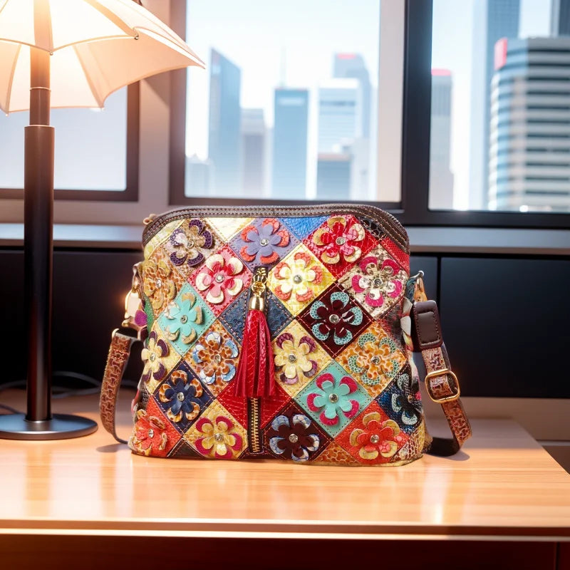 Multi-color snake pattern splicing tassel genuine leather cowhide bag shoulder women's bag personalized casual women's small bag