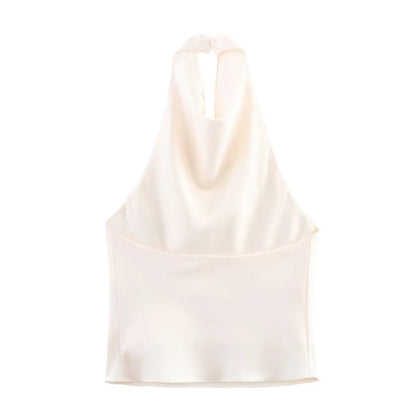 Spring Elegant Women Satin Halter Tops 2026 Summer Backless Off Shoulder Corset Vest Female Fashion Slim Crop Tank Top