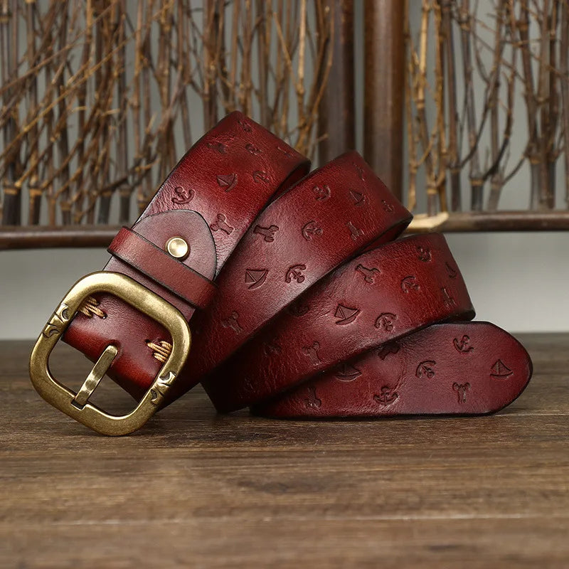 3.8CM Pure Cowhide High Quality Genuine Leather Belts for Men Embossing Strap Male Copper Buckle Luxury Designer Jeans Cowboy