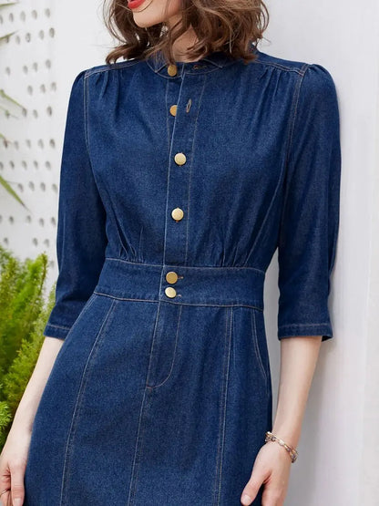 Women Denim Dress Retro Style Casual 2024 Spring Round Neck Three-quarter Sleeve Slim Fit A-line Fishtail Dress