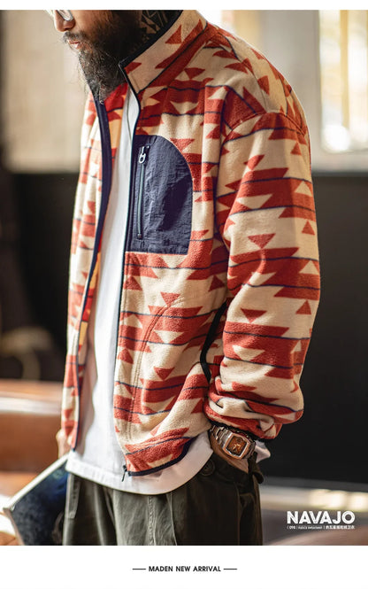 Men's Vintage Navajo Polar Fleece Jacket Stand Collar Zip-Up Patchwork Sweatshirt Warm Cardigan for Spring and Autumn Coat