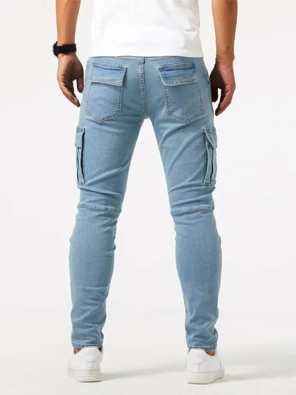 Street Elastic Jeans Men Denim Cargo Pants Wash Solid Color Multi Pockets Casual Mid Waist Trousers Slim Fit Daily Wear Joggers
