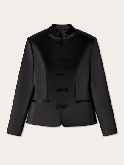 Women's Spring Summer Satin Mandarin Collar Knot Button Blazer Chic Formal Casual Wear 2026 Trendy Feminine Fashion Coat