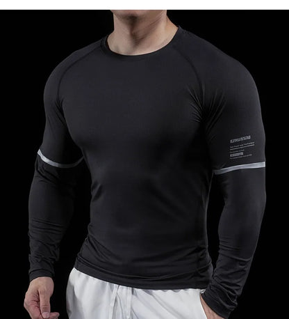 Autumn New Men's Sports Gym Fitness Clothes Reflective Strips Round Neck Training Long-sleeved T-shirt Running Slim Breathable