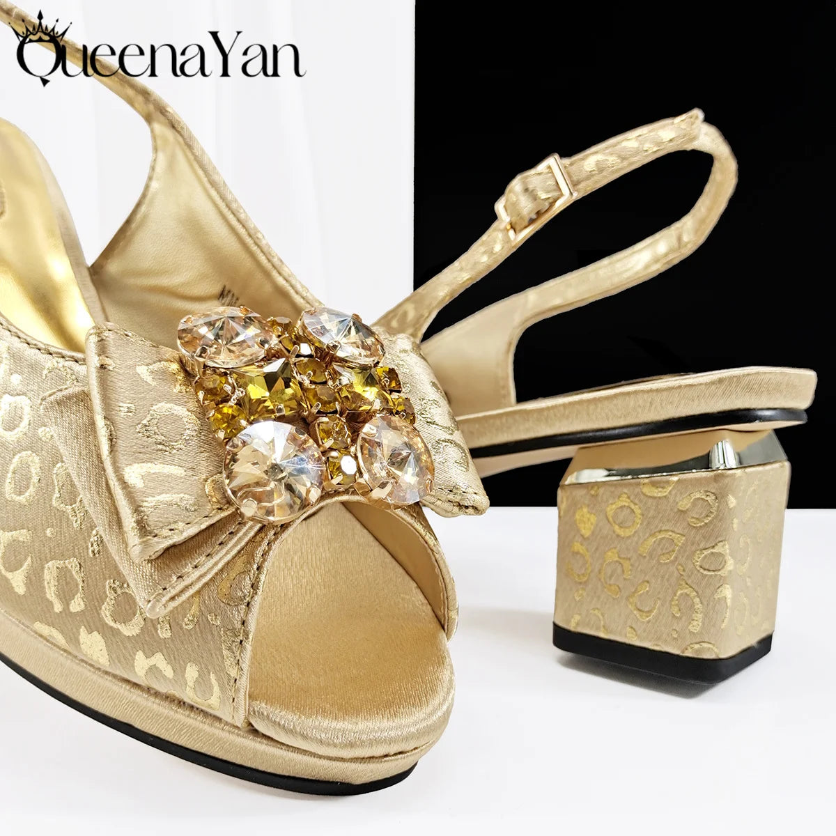 Queena Yan  2025 Shiny Italian Fashion Pointed Toe Women Heel Fashion Rhinestone Decoration Pink Color Shoes And Bag Set