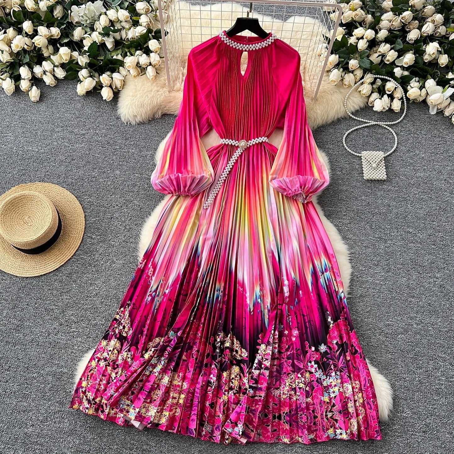Ele High-End Women's Dr Faionable Beaded round Ne Hollow out Pleated Lantern Sve Waist Cinched Floral Print Lon...