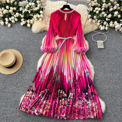 Ele High-End Women's Dr Faionable Beaded round Ne Hollow out Pleated Lantern Sve Waist Cinched Floral Print Lon...