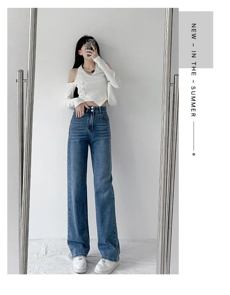 Loose Straight Women's Jeans Fashion Stretch Soft Drape Multi-button High Waist Denim Trousers Street Fashion Female Clothing