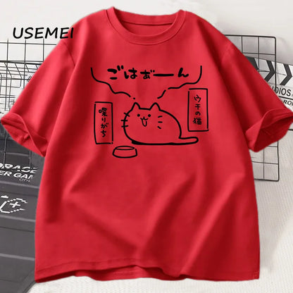 Japanese Style Cat Printed T Shirts for Men Women Cotton Short Sleeve Tshirt Causal Trendy Loose Oversized T-shirt Mens Clothes