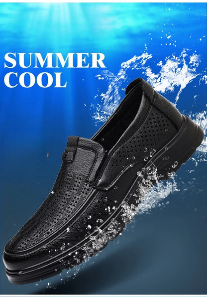Men's Summer Breathable Leather Loafers Brown Hollow Out Slip-On Shoes Male Thick Sole Comfortable Non-slip Work Shoes for Man