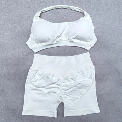 Shorts Set 2 Pieces Seamless Yoga Set Workout Tracksuit Women Halter Sport Bra And Low Waist Scrunch Bum Gym Shorts Suits