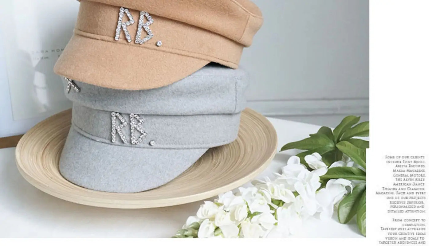 Autumn Winter Newsboy Caps Women Wool Diamond Letter Caps Baker Boy Cap S-XL