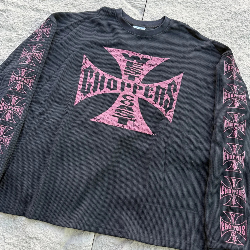 American Style Streetwear Quality Waffle Fabric Printed Tops Oversized Long Sleeves Tee 100%Cotton Vintage T Shirt Men Woman
