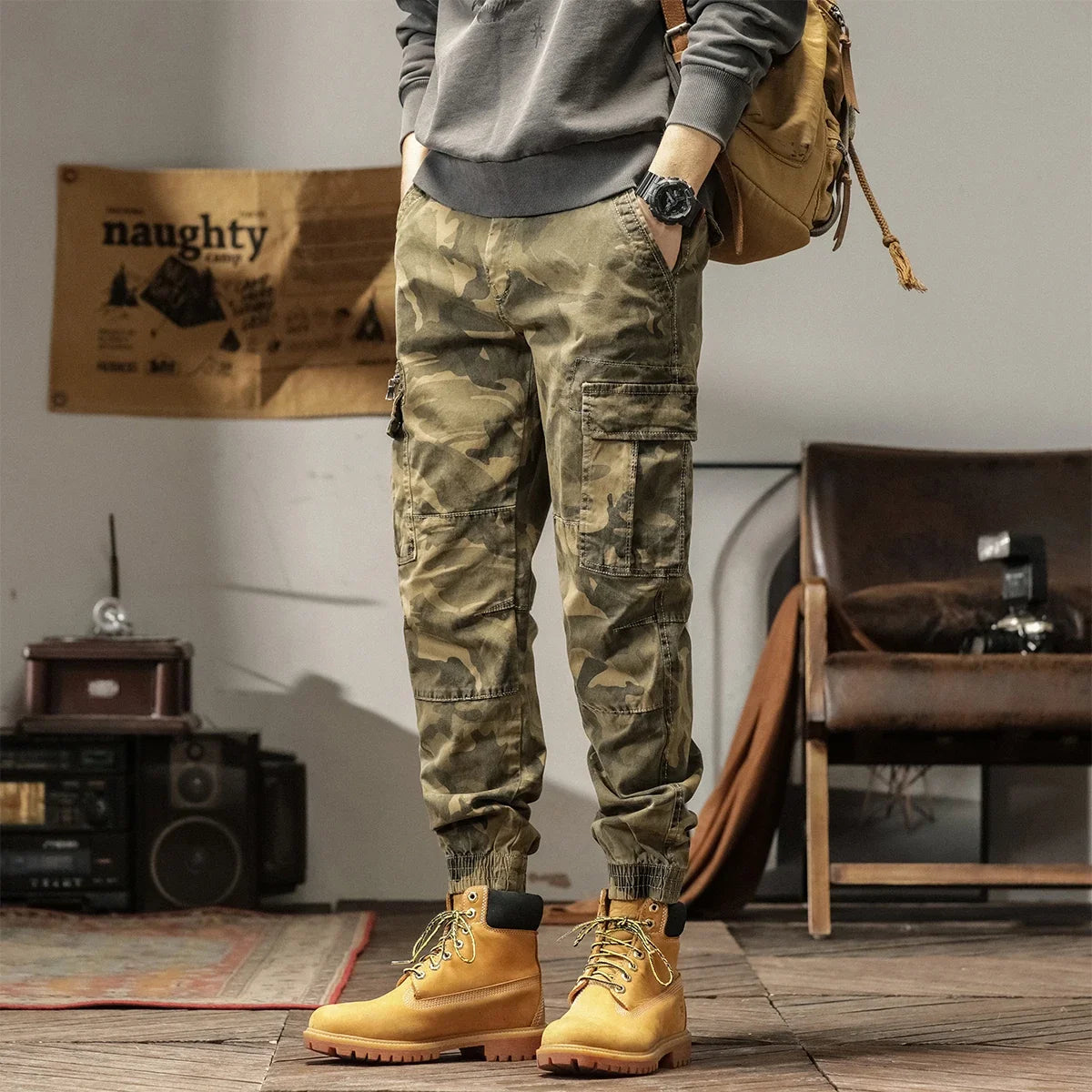 Length Men's Cargo Pant Cotton Stretch Casual Camouflage Trouser Male Camo Cuff Jogger Multi Zip Pocket Outfit Zipper Tied