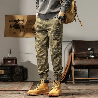 Length Men's Cargo Pant Cotton Stretch Casual Camouflage Trouser Male Camo Cuff Jogger Multi Zip Pocket Outfit Zipper Tied