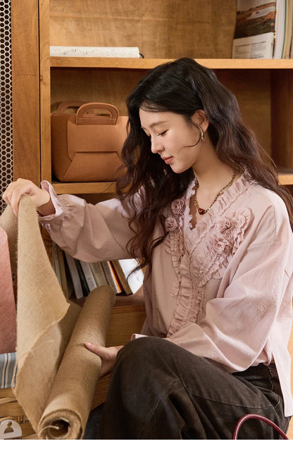 Hand Sewn Rose Blouse for Women Autumn 2025 V-neck  Edible Tree Fungus Edge Tops Sweet Lantern Sleeves Blouses MXE44X2470