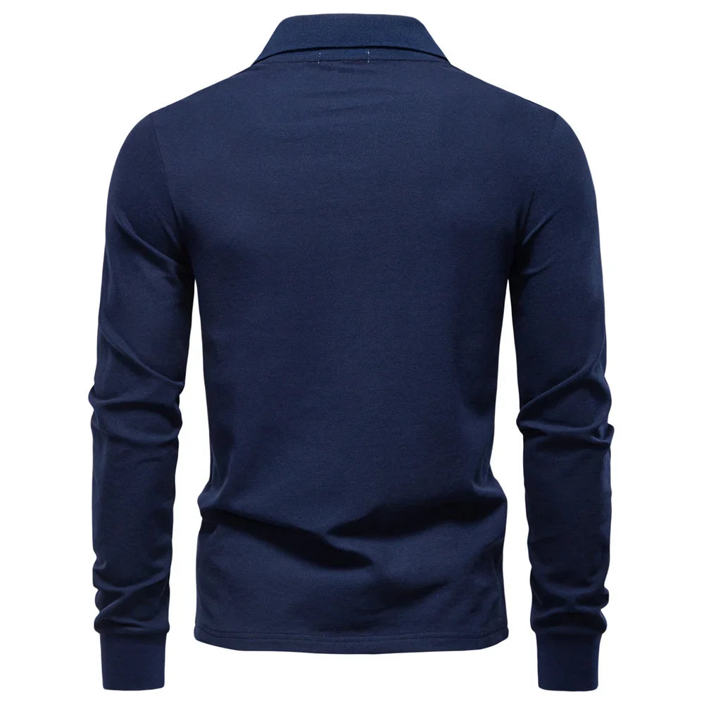 2025 Business Casual Polo Shirt Men Solid Color Long Sleeve Cotton Rich Blend Breathable Polos Male