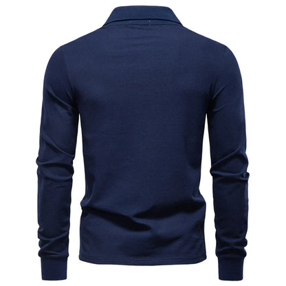 2025 Business Casual Polo Shirt Men Solid Color Long Sleeve Cotton Rich Blend Breathable Polos Male