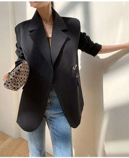 Women Black Oversize Casual Jacket New Lapel Long Sleeve Loose Blazer Fashion Pin Office Ladies Suits Coat Spring Autumn 2023