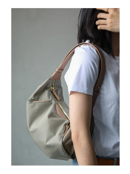 Lightweight Nylon Matching Genuine Leather Crossbody Bag High Quality Single Shoulder Bags Fashion Pleated Messenger Purses